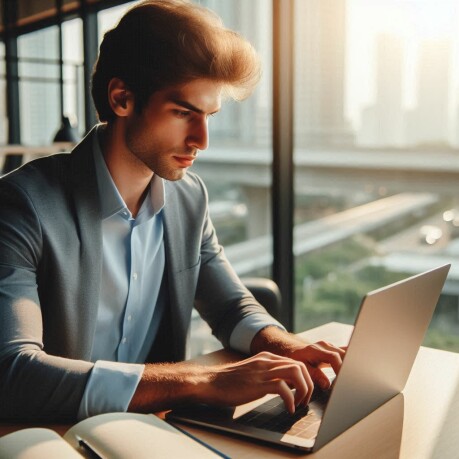 Young businessman focused on his laptop, engaged in work at a modern office, showcasing productivity and professionalism.